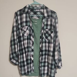Cato Green, Black & White Plaid Button-Down Shirt with Green Tank Top